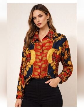 Vintage 90s Y2K Express Tricot Silk Button Front Blouse Royal Heraldry Lion XS